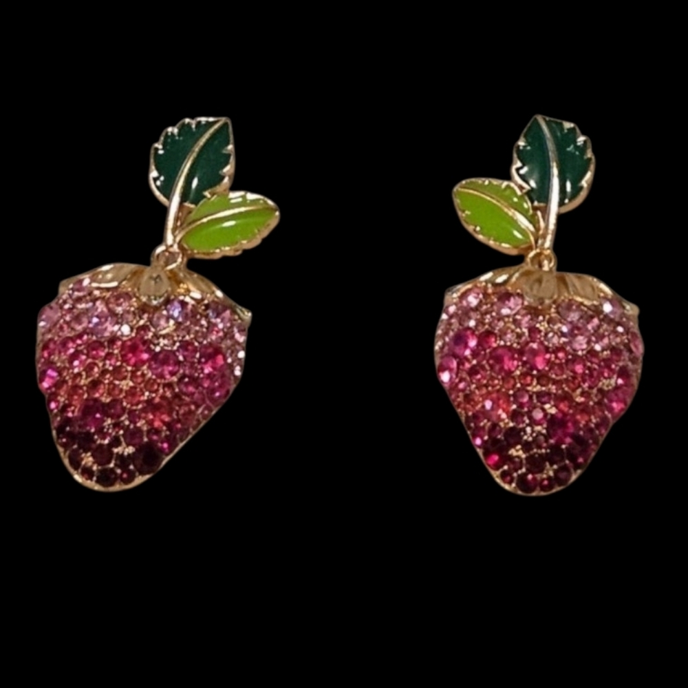 🍓BaubleBar Ombré Pink Berry / Strawberry Dangle Earrings w/ Green Leaves NWT&B - Picture 3 of 4